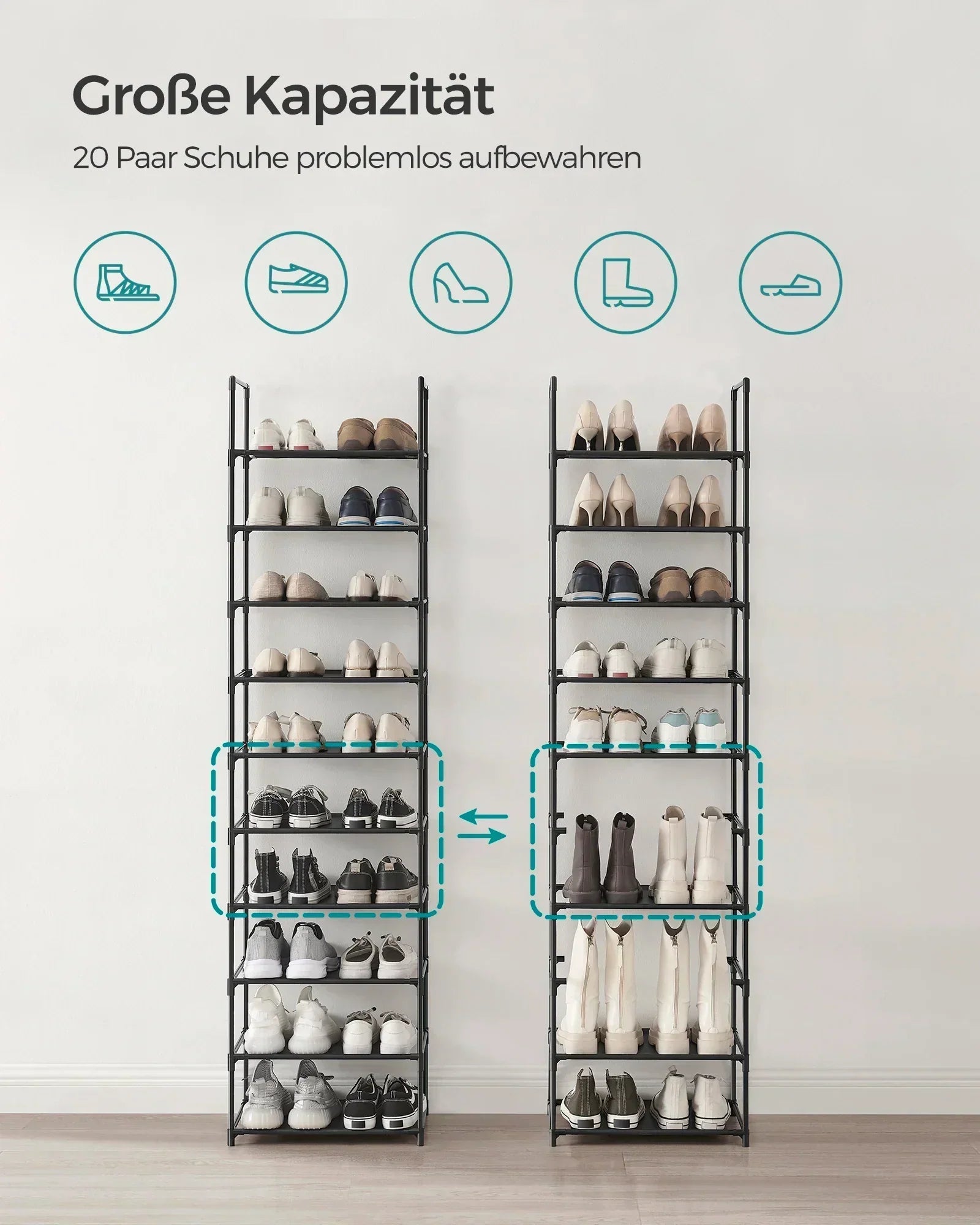 Metall Schuhschrank | Schlanker Schuhregal | Platzsparende Schuhaufbewahrung | SteelLine