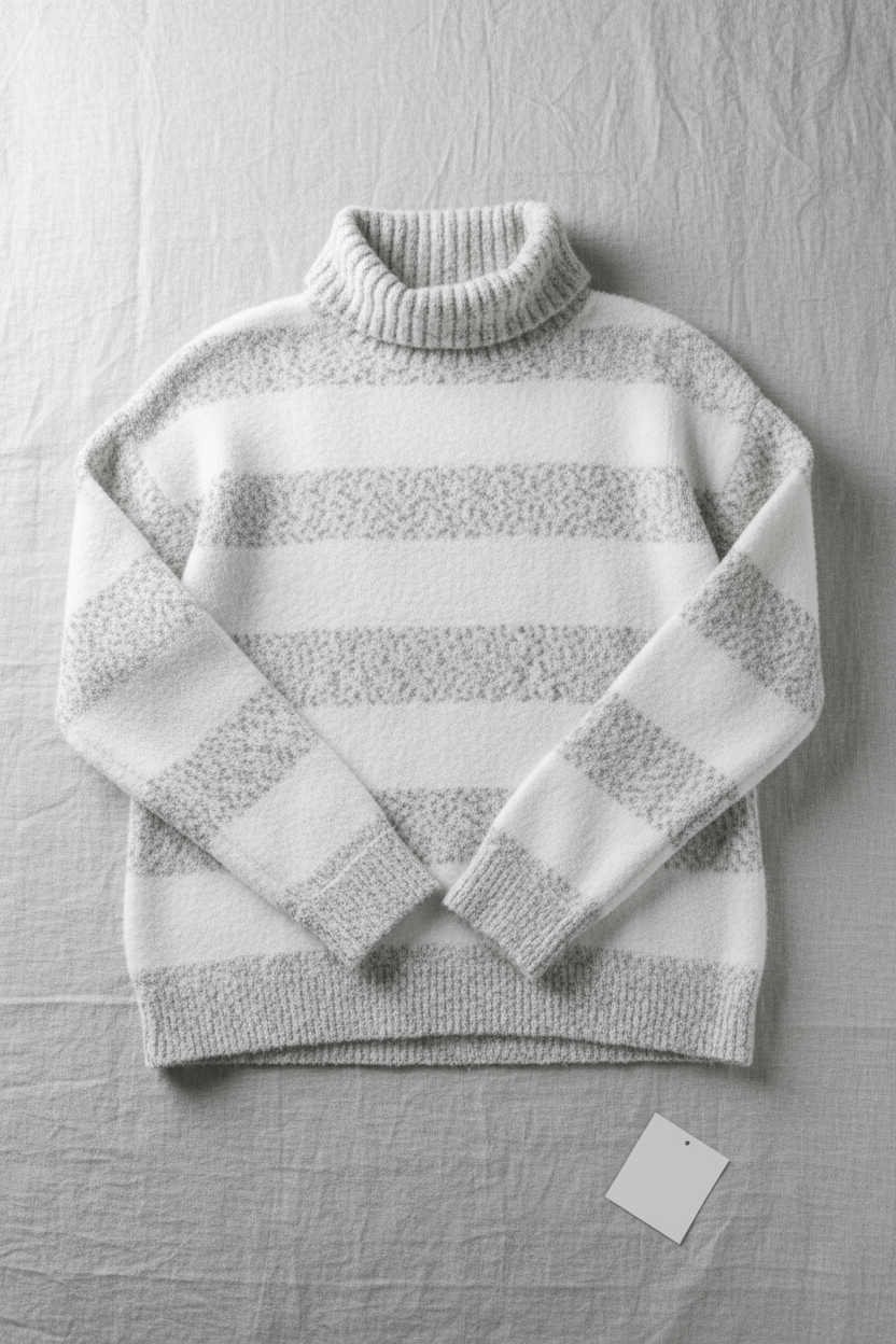 Damen Plüsch Strickpullover mit geripptem Rollkragen und gestreifter Textur