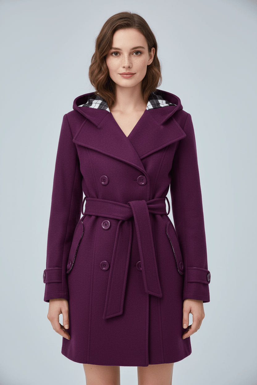 Damen Doppeltknopf-Hoodie-Mantel mit Gürtelschnitt