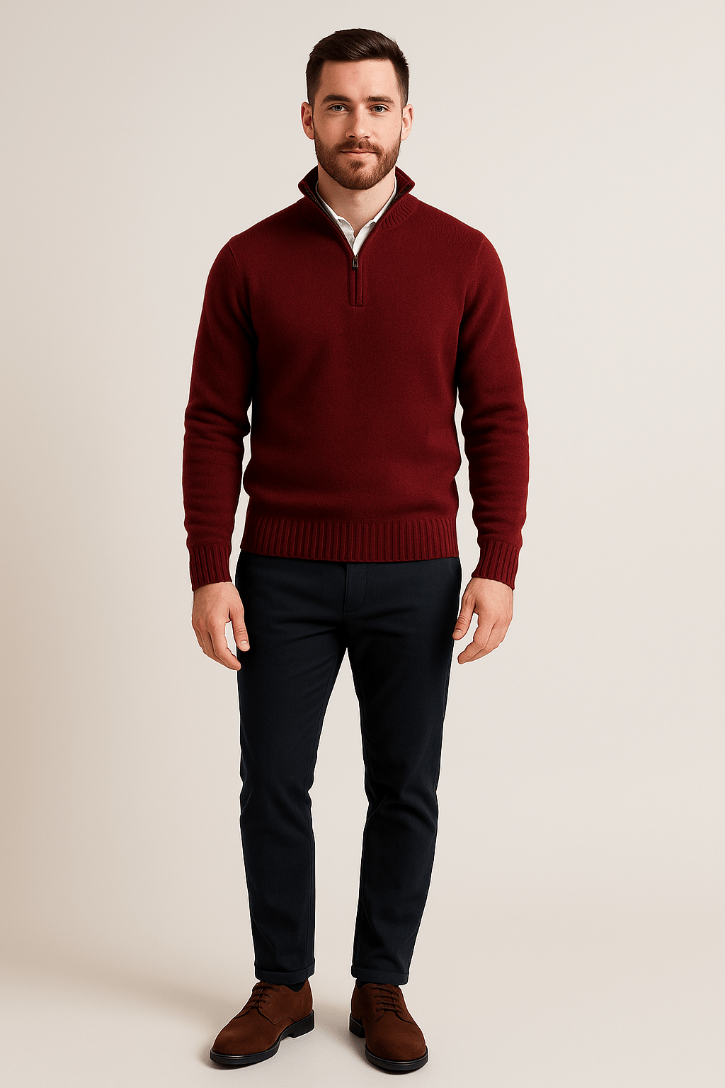 Herren Quarter-Zip Pullover – Gerippter Strickpullover mit hohem Kragen