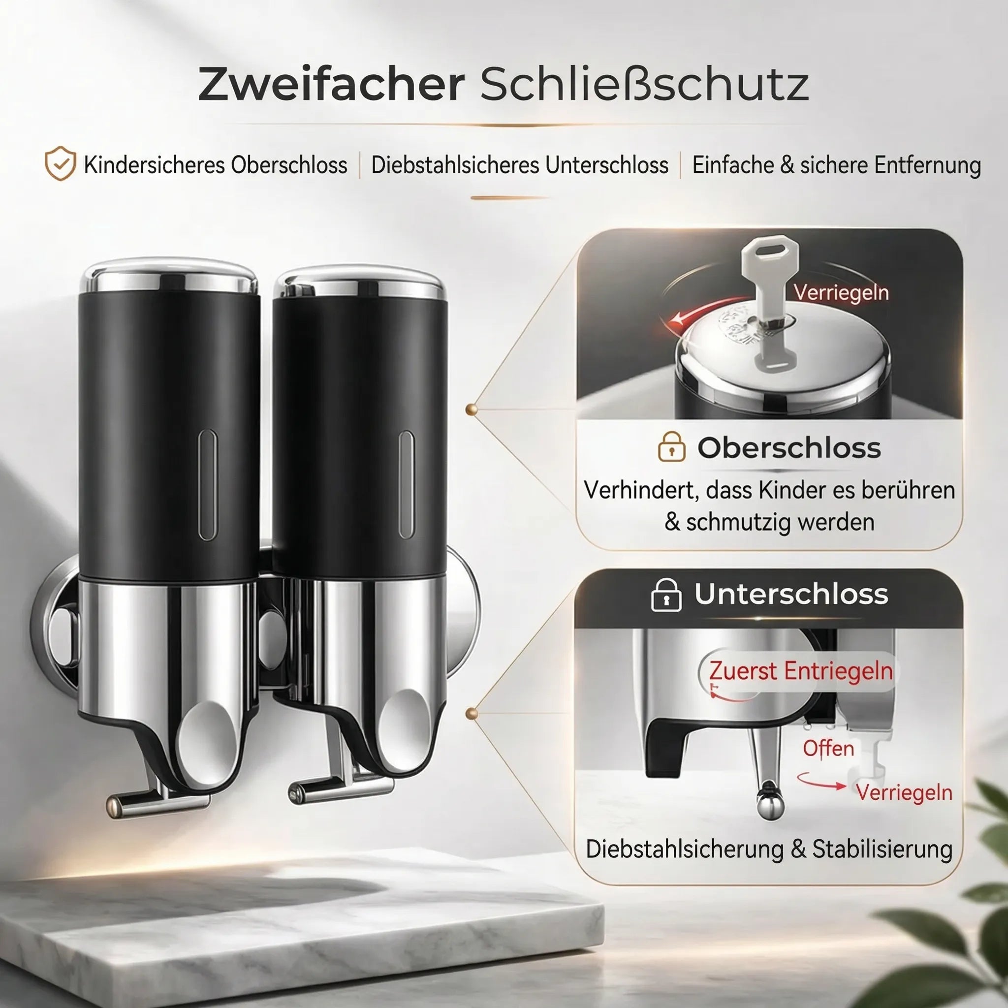 Wandmontierter Seifenspender | Spülmittelspender Set | Schwarz, Silber & Transparent | SoapFlow