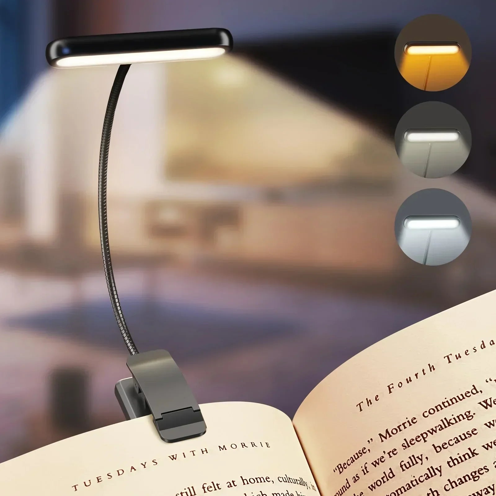 Leselampe FlexiRead | USB Wiederaufladbar | 3 Lichtfarben & Dimmbar | Clip & Flexarm