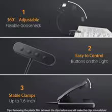 Leselampe FlexiRead | USB Wiederaufladbar | 3 Lichtfarben & Dimmbar | Clip & Flexarm