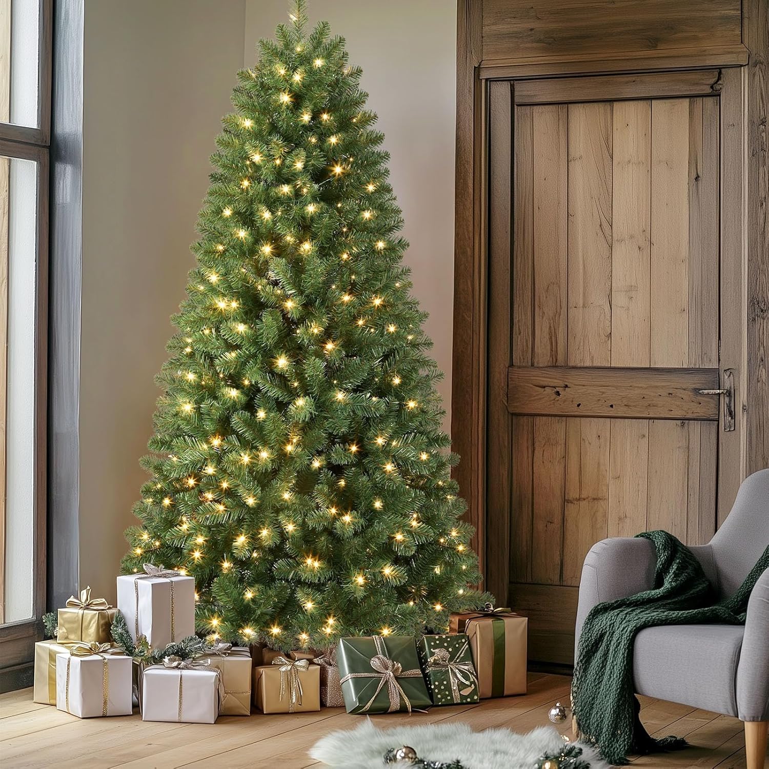 Künstlicher Weihnachtsbaum PVC Vorbeleuchtet Innen Deko Baum Set