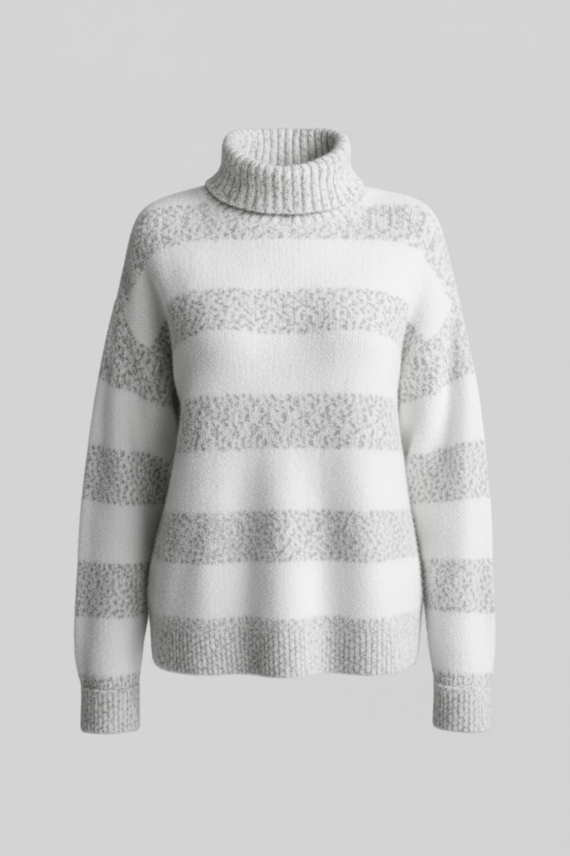 Damen Plüsch Strickpullover mit geripptem Rollkragen und gestreifter Textur