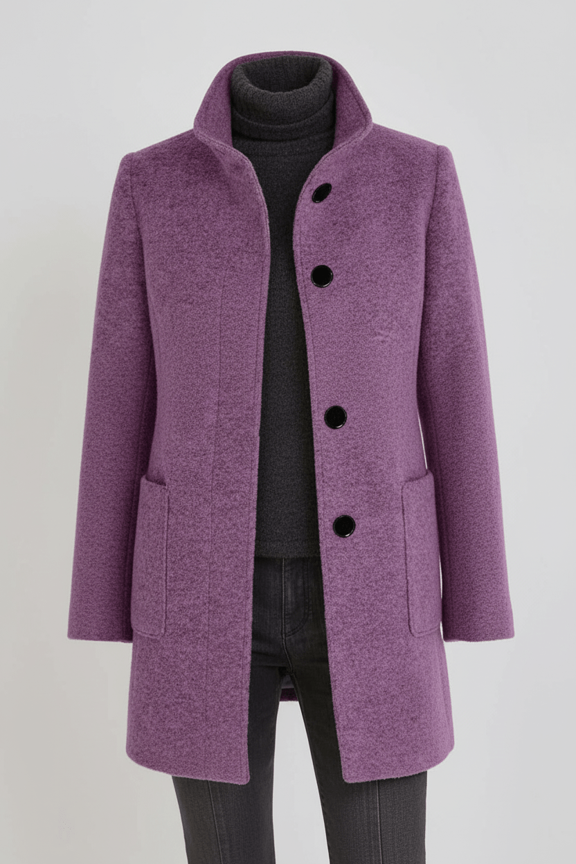 Damen Langer Mantel | Stehkragenjacke mit taillierter Passform und Knopfleiste