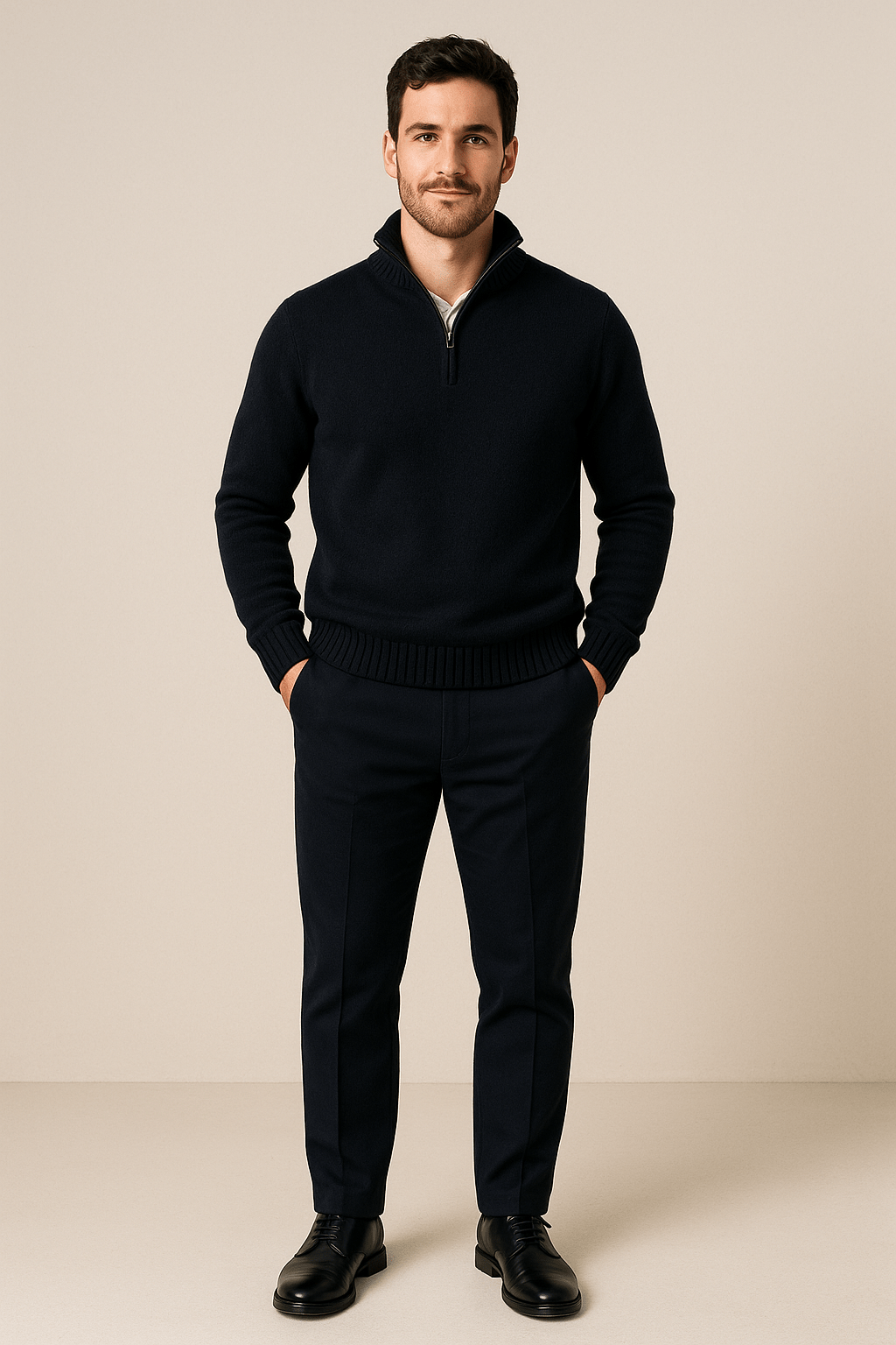 Herren Quarter-Zip Pullover – Gerippter Strickpullover mit hohem Kragen