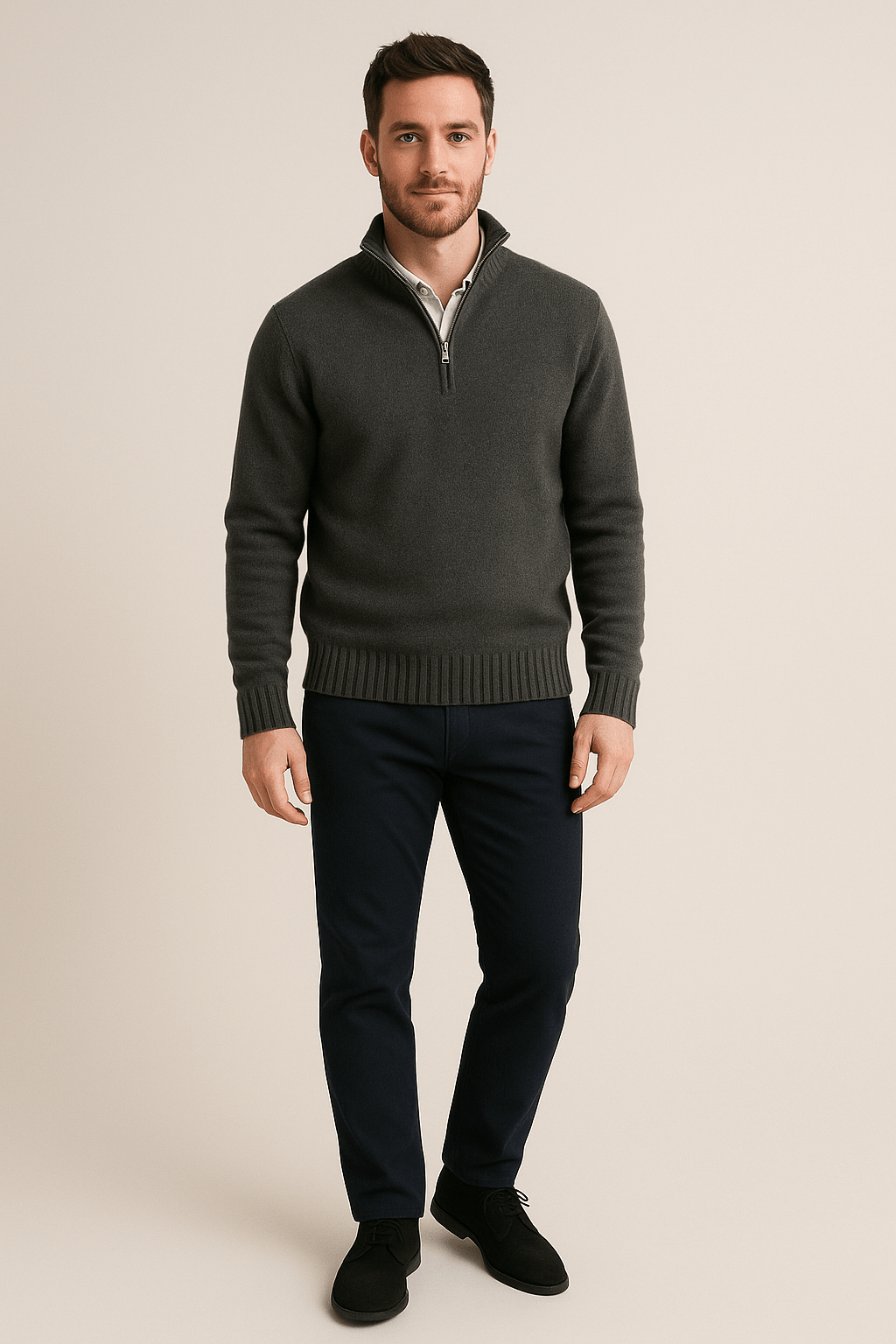 Herren Quarter-Zip Pullover – Gerippter Strickpullover mit hohem Kragen