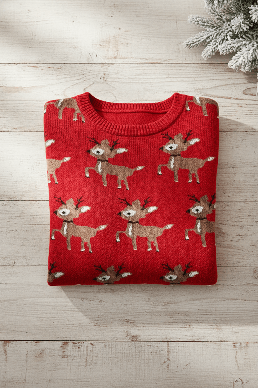 Damen Oversized Jacquard Strickpullover mit Hirschmuster