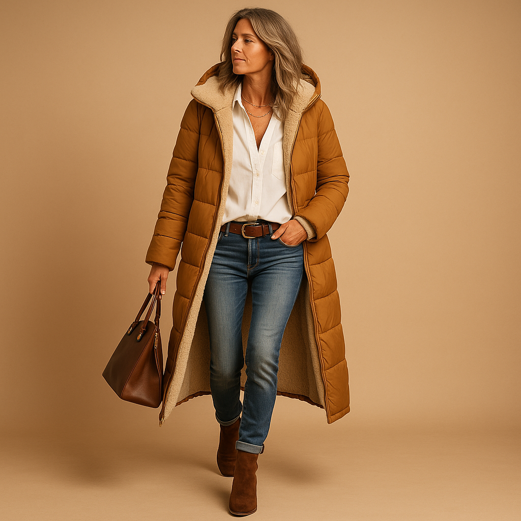 Damen langer gepolsterter Mantel – Steppdesign & Winterwärme