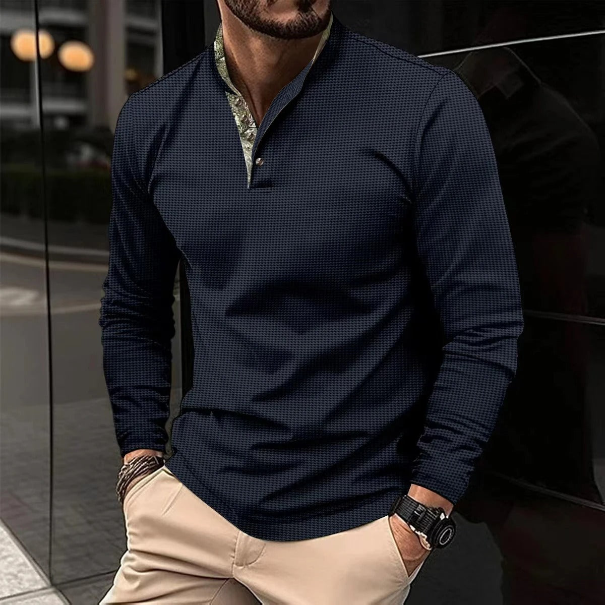Herren Langarm-Polohemd | Modernes Polo mit Kontrastkragen
